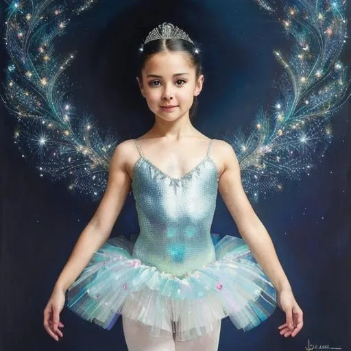 Prompt: Photorealistic portrait of a beautiful ballerina wearing a shinning, sparkling  leotard with delicate iridescent crystal intricate details and a Tutu made of boreal cosmic iridescent clouds , art for the game, queen of winter, very luminous design, Jean Baptiste Monge, James Jean, Mark Ryden, pino daeni, karol bak, cushart, wlop inspired by Ursula Wood, detailed hot maw, ice, ultra detailed. Ethereal background, style of arrival, concept image, frostbite, wlop, shimmer, glitter, highly detailed, unreal engine, super clear resolution, cinematic quality. full body,