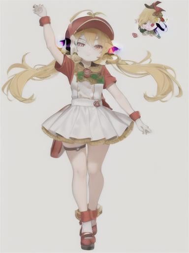 Prompt: chibi elf girl with a cute face, angry pouting, yellow hair, big red eyes, (wears a red Gavroche cap with a black visor, has a brooch on the left of the cap, 2 long white feathers come out of the brooch), the cap Gavroche has an embroidery on the front with a 4-leaf clover, waves her arms to the sides in frustration, she wears a red trench coat with a hood and a light brown or cream colored scarf, her hands are in fists, she is carrying a bag brown from which hangs a cream-colored wool doll similar to a ball, a white baggy shorts, 2 legs with brown shoes