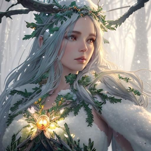 Prompt: dryads winter feminine great beauty and very beautiful physical features, just behind her a winter forest in full transition to spring, flowers growing snow melting volumetric soft lighting cold colors 8k resolution by Greg Rutkowski, Artgerm, Alphonse Mucha dynamic lighting hyperdetailed intricately detailed Splash art trending on Artstation Unreal Engine 5 volumetric lighting