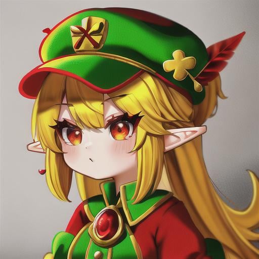 Prompt: chibi elf girl with a cute face, yellow hair, big red eyes, (wears a red Gavroche cap with a black visor, has a brooch on the left of the cap, 2 long white feathers come out of the brooch), the cap Gavroche has an embroidery on the front with a 4-leaf clover, waves her arms to the sides in frustration, she wears a red trench coat with a hood and a light brown or cream colored scarf, her hands are in fists, she is carrying a bag brown from which hangs a cream-colored wool doll similar to a ball, a white baggy shorts, 2 legs with brown shoes