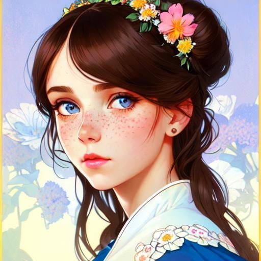 Prompt: Cute girl with freckles, high bun, breton dress, flowers in hair, intricate, detailed face. by Ilya Kuvshinov and Alphonse Mucha. Dreamy, pastel colors, honey, red lips, blue eyes, diamond diadem, clear eyes