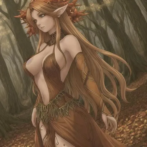 Prompt: dryads autumnal feminine great beauty and very beautiful physical features, just behind her oak surrounded by a thick autumnal forest volume...