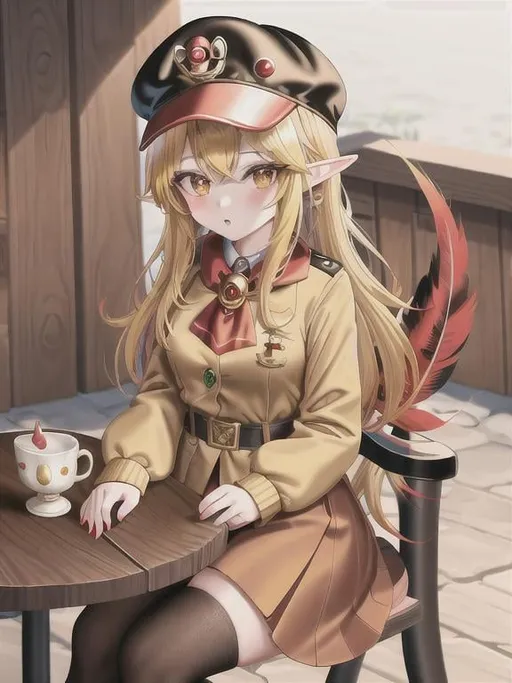 Prompt: chibi elf girl with a tender face, sitting in front of a table, yellow hair, large contrasting eyes between brown and red, wears a red Gavroche Cap with a black visor that has a brooch on the left from which 2 long white feathers come out, the Cap Gavroche, in addition to the brooch, has an embroidery in the center of the front with a 4-leaf clover, his large eyes have anime-style flashes of light, his mouth is open and wobbly watching a delicious fish dish on the table while it drains from him a little drool, she wears a red raincoat with a hood and a light brown or cream scarf, her hands are in fists holding a fork in the left and a knife in the right while she raises her arms ready to eat, she is carrying a brown bag from which A cream-colored wool doll similar to a ball hangs, on the plate on the table is a delicious Japanese baked fish. vibrant colors.