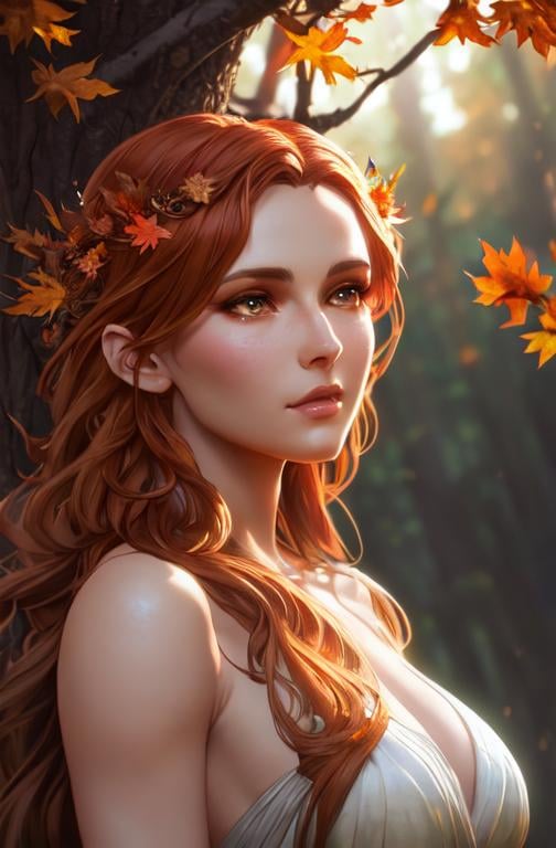 Prompt: dryads autumnal feminine great beauty and very beautiful physical features, just behind her oak surrounded by a thick autumnal forest volumetric soft lighting warm colors 8k resolution by Greg Rutkowski, Artgerm, Alphonse Mucha dynamic lighting hyperdetailed intricately detailed Splash art trending on Artstation Unreal Engine 5 volumetric lighting