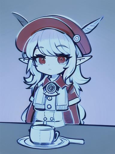 Prompt: chibi elf girl with a tender face, sitting in front of a table, yellow hair, large contrasting eyes between brown and red, wears a red Gavroche Cap with a black visor that has a brooch on the left from which 2 long white feathers come out, the Cap Gavroche, in addition to the brooch, has an embroidery in the center of the front with a 4-leaf clover, his large eyes have anime-style flashes of light, his mouth is open and wobbly watching a delicious fish dish on the table while it drains from him a little drool, she wears a red raincoat with a hood and a light brown or cream scarf, her hands are in fists holding a fork in the left and a knife in the right while she raises her arms ready to eat, she is carrying a brown bag from which A cream-colored wool doll similar to a ball hangs, on the plate on the table is a delicious Japanese baked fish.