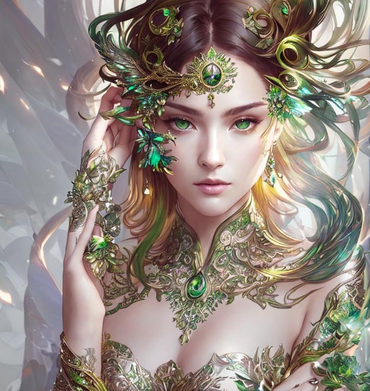 Prompt: Detailed eyes flawless eyes Gorgeous chartreuse greenest hair natural lime flair goddess, intricate, dramatic full body pose, magnificent, masterpiece, by minjae lee, by James jean, by WLOP, mucha, Waterhouse, by eve ventrue, by anna dittmann, by Alessio Albi, dynamic lighting, green, emeralds