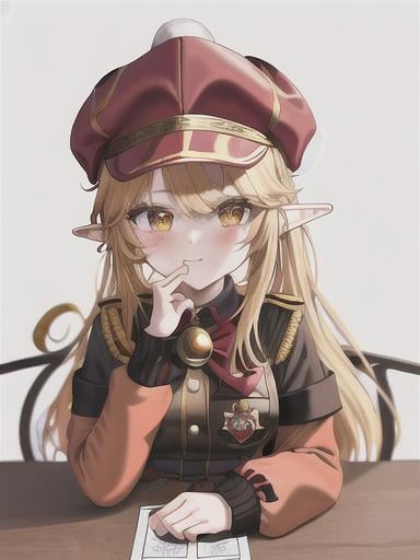 Prompt: chibi elf girl with a tender face, sitting in front of a table, yellow hair, large contrasting eyes between brown and red, wears a red Gavroche Cap with a black visor that has a brooch on the left from which 2 long white feathers come out, the Cap Gavroche, in addition to the brooch, has an embroidery in the center of the front with a 4-leaf clover, his large eyes have anime-style flashes of light, his mouth is open and wobbly watching a delicious fish dish on the table while it drains from him a little drool, she wears a red raincoat with a hood and a light brown or cream scarf, her hands are in fists holding a fork in the left and a knife in the right while she raises her arms ready to eat, she is carrying a brown bag from which A cream-colored wool doll similar to a ball hangs, on the plate on the table is a delicious Japanese baked fish. vibrant colors.