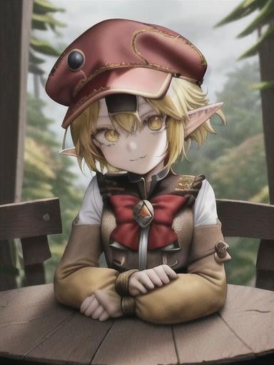 Prompt: chibi klee  elf girl with a tender face, sitting in front of a table, yellow hair, large contrasting eyes between brown and red, wears a red Gavroche Cap with a black visor that has a brooch on the left from which 2 long white feathers come out, the Cap Gavroche, in addition to the brooch, has an embroidery in the center of the front with a 4-leaf clover, his large eyes have anime-style flashes of light, his mouth is open and wobbly watching a delicious fish dish on the table while it drains from him a little drool, she wears a red raincoat with a hood and a light brown or cream scarf, her hands are in fists holding a fork in the left and a knife in the right while she raises her arms ready to eat, she is carrying a brown bag from which A cream-colored wool doll similar to a ball hangs, on the plate on the table is a delicious Japanese baked fish.