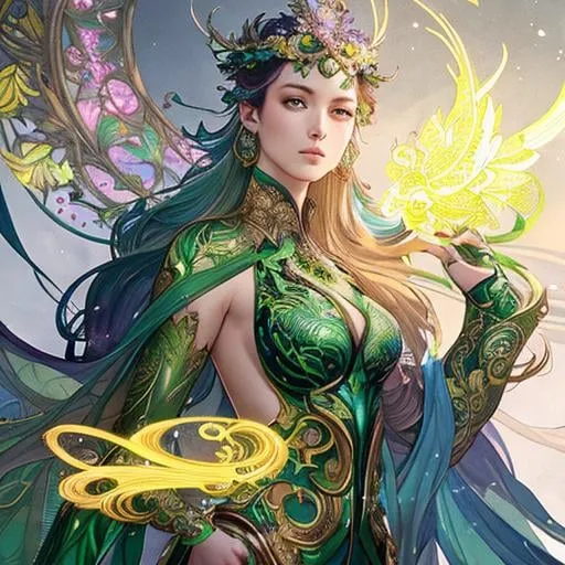 Prompt: Detailed eyes flawless eyes Gorgeous chartreuse greenest hair natural lime flair goddess, intricate, dramatic full body pose, magnificent, masterpiece, by minjae lee, by James jean, by WLOP, mucha, Waterhouse, by eve ventrue, by anna dittmann, by Alessio Albi, dynamic lighting, green, emeralds