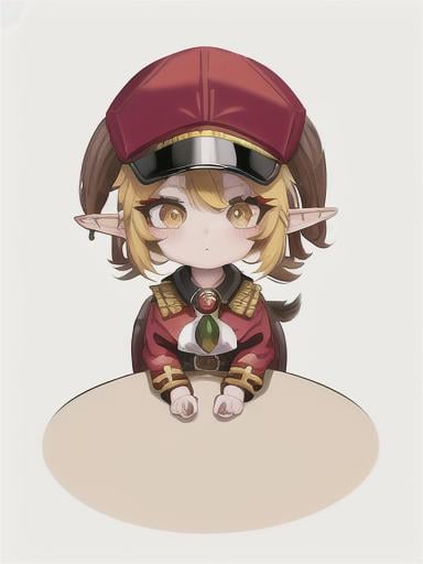 Prompt: chibi elf girl with a tender face, sitting in front of a table, yellow hair, large contrasting eyes between brown and red, wears a red Gavroche Cap with a black visor that has a brooch on the left from which 2 long white feathers come out, the Cap Gavroche, in addition to the brooch, has an embroidery in the center of the front with a 4-leaf clover, his large eyes have anime-style flashes of light, his mouth is open and wobbly watching a delicious fish dish on the table while it drains from him a little drool, she wears a red raincoat with a hood and a light brown or cream scarf, her hands are in fists holding a fork in the left and a knife in the right while she raises her arms ready to eat, she is carrying a brown bag from which A cream-colored wool doll similar to a ball hangs, on the plate on the table is a delicious Japanese baked fish. vibrant colors.