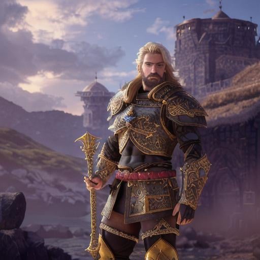 Prompt: male fantasy warrior, very handsome, medium musculature, dirty blonde, short wavy hair and short trimmed beard, full leather armor, very detailed eyes, UHD, 64K, sharp focus, studio photo, intricate details, highly detailed