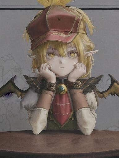 Prompt: chibi elf girl with a tender face, sitting in front of a table, yellow hair, large contrasting eyes between brown and red, wears a red Gavroche Cap with a black visor that has a brooch on the left from which 2 long white feathers come out, the Cap Gavroche, in addition to the brooch, has an embroidery in the center of the front with a 4-leaf clover, his large eyes have anime-style flashes of light, his mouth is open and wobbly watching a delicious fish dish on the table while it drains from him a little drool, she wears a red raincoat with a hood and a light brown or cream scarf, her hands are in fists holding a fork in the left and a knife in the right while she raises her arms ready to eat, she is carrying a brown bag from which A cream-colored wool doll similar to a ball hangs, on the plate on the table is a delicious Japanese baked fish.