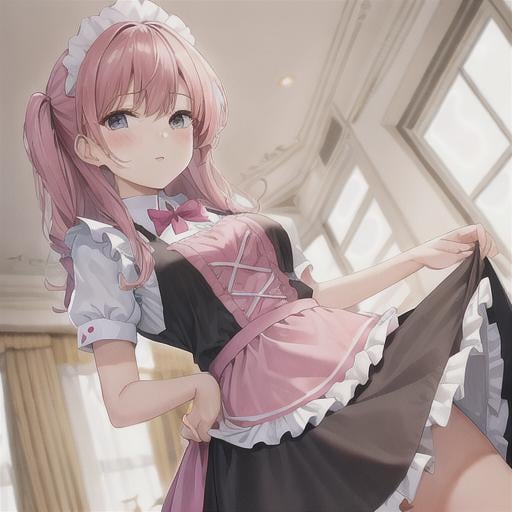 Prompt:  Girl wearing  a pink maid outfit 