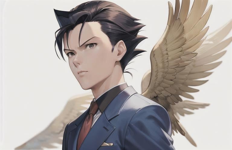 Prompt: phoenix wright, Full-body detailed masterpiece,  high-res, quality upscaled image, perfect composition, highly detailed, intricate details, beautiful, flawless, masterpiece, soft dramatic moody lighting, ultra high quality octane, hypermaximalist.