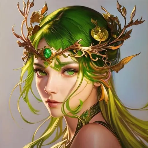 Prompt: Detailed eyes flawless eyes Gorgeous chartreuse greenest hair natural lime flair goddess, intricate, dramatic full body pose, magnificent, masterpiece, by minjae lee, by James jean, by WLOP, mucha, Waterhouse, by eve ventrue, by anna dittmann, by Alessio Albi, dynamic lighting, green, emeralds