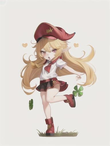 Prompt: chibi elf girl with a cute face, angry pouting, yellow hair, big red eyes, (wears a red Gavroche cap with a black visor, has a brooch on the left of the cap, 2 long white feathers come out of the brooch), the cap Gavroche has an embroidery on the front with a 4-leaf clover, waves her arms to the sides in frustration, she wears a red trench coat with a hood and a light brown or cream colored scarf, her hands are in fists, she is carrying a bag brown from which hangs a cream-colored wool doll similar to a ball, a white baggy shorts, 2 legs with brown shoes