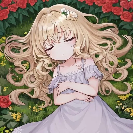 Prompt: A_little_girl_lying_in_a_lot_of_flowers.
She_is_sleeping_on_her_side.
(1_girl_(5_years_old))_blond_hair_natural_curly_hair_side_parting_flower_hair_ornament_lace_white_dress_closed_eyes_have_long_eyelashes_profile)_light_blue_butterfly_(transparent_luminous)_different_world_letters_pastel_colors_fantasy_world_Art_Nouveau_Alphonse_Mucha