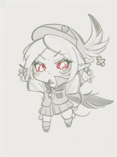 Prompt: chibi elf girl with a cute face, angry pouting, yellow hair, big red eyes, (wears a red Gavroche cap with a black visor, has a brooch on the left of the cap, 2 long white feathers come out of the brooch), the cap Gavroche has an embroidery on the front with a 4-leaf clover, waves her arms to the sides in frustration, she wears a red trench coat with a hood and a light brown or cream colored scarf, her hands are in fists, she is carrying a bag brown from which hangs a cream-colored wool doll similar to a ball, a white baggy shorts, 2 legs with brown shoes