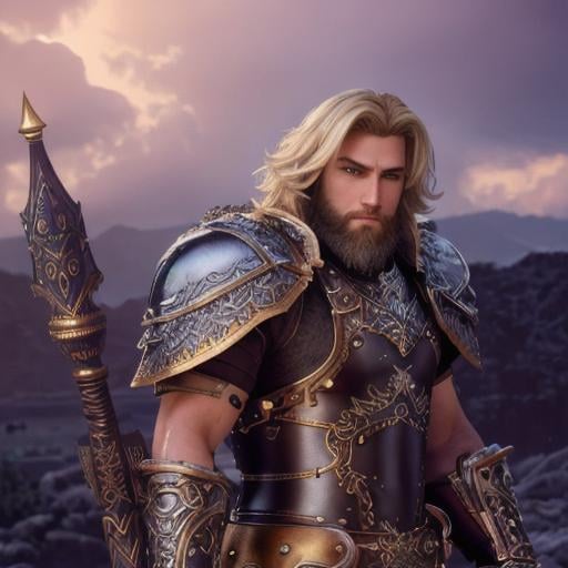 Prompt: male fantasy warrior, very handsome, medium musculature, dirty blonde, short wavy hair and short trimmed beard, full leather armor, very detailed eyes, UHD, 64K, sharp focus, studio photo, intricate details, highly detailed