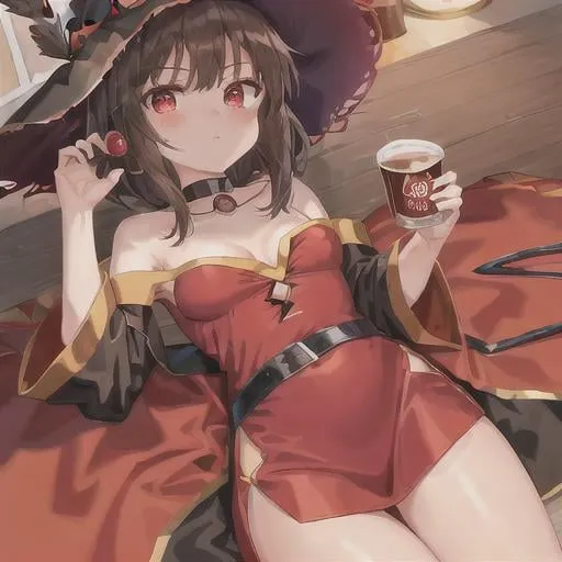 Prompt: ((masterpiece)), ((ultra-quality)), ((illustration)),1 girl, short hair Megumin, ((Megumin's Crimson outfit)), black hair, black choker and robe, ((red eyes)), crimson eyes, (cel anime:1.4), 
Drinking beer,Drunk,bar