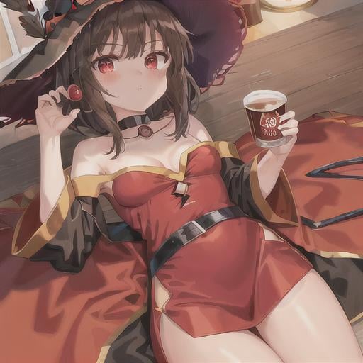 Prompt: ((masterpiece)), ((ultra-quality)), ((illustration)),1 girl, short hair Megumin, ((Megumin's Crimson outfit)), black hair, black choker and robe, ((red eyes)), crimson eyes, (cel anime:1.4), 
Drinking beer,Drunk,bar