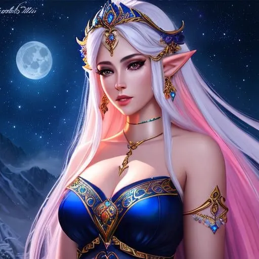 Prompt: goddess of the night, photorealis oil painting, UHD, hd , 8k, panned out view, full character in view, moon elf female character