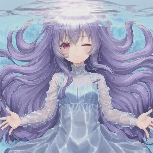 Prompt:   Cute anime girl, kawaii, She is submerged fully in water,The dress is light blue and a little see through, She is in water in the middle of a lake,Her eyes are closed, Her hair is Blue lilac, Her hair is long, beautiful lashes. She is 38, and she has a long dresssss.   