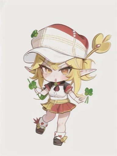 Prompt: chibi elf girl with a cute face, angry pouting, yellow hair, big red eyes, (wears a red Gavroche cap with a black visor, has a brooch on the left of the cap, 2 long white feathers come out of the brooch), the cap Gavroche has an embroidery on the front with a 4-leaf clover, waves her arms to the sides in frustration, she wears a red trench coat with a hood and a light brown or cream colored scarf, her hands are in fists, she is carrying a bag brown from which hangs a cream-colored wool doll similar to a ball, a white baggy shorts, 2 legs with brown shoes