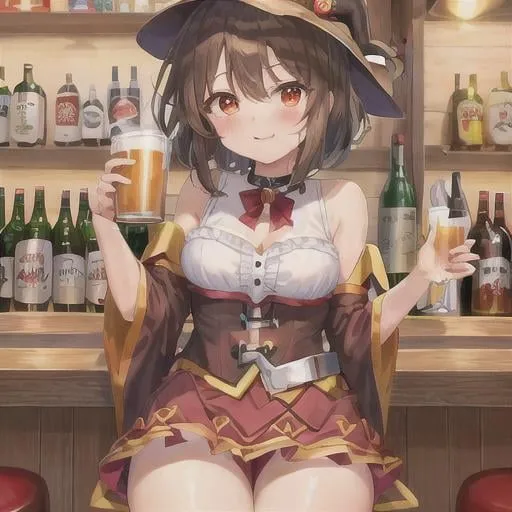 Prompt: ((masterpiece)), ((ultra-quality)), ((illustration)),3 girl, short hair 
Megumin, Yunyun y Cecily (cel anime:1.4), 
Drinking beer,Drunk,bar