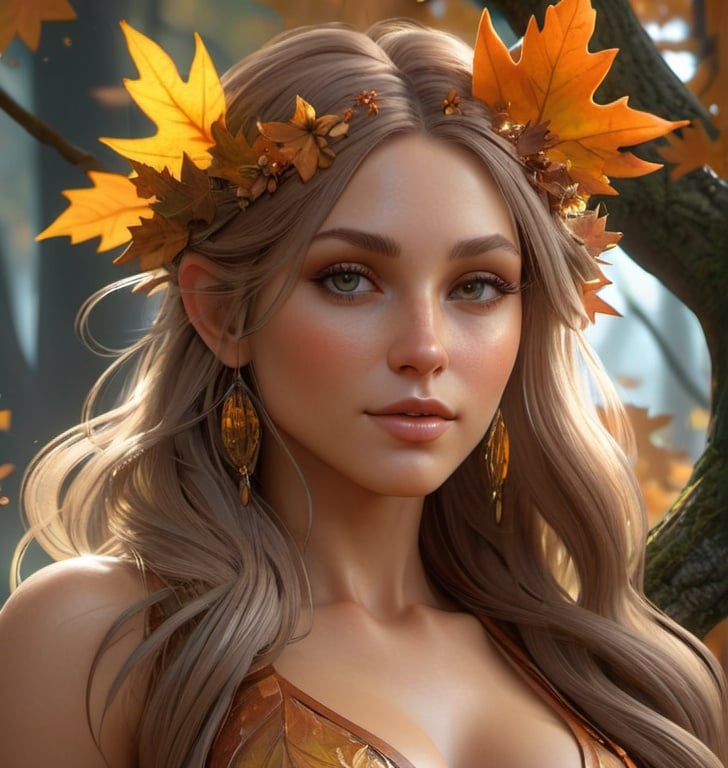 Prompt: dryads autumnal feminine great beauty and very beautiful physical features, just behind her oak surrounded by a thick autumnal forest volumetric soft lighting warm colors 8k resolution by Greg Rutkowski, Artgerm, Alphonse Mucha dynamic lighting hyperdetailed intricately detailed Splash art trending on Artstation Unreal Engine 5 volumetric lighting