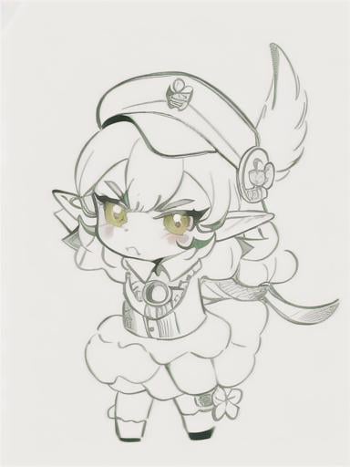 Prompt: chibi elf girl with a cute face, angry pouting, yellow hair, big red eyes, (wears a red Gavroche cap with a black visor, has a brooch on the left of the cap, 2 long white feathers come out of the brooch), the cap Gavroche has an embroidery on the front with a 4-leaf clover, waves her arms to the sides in frustration, she wears a red trench coat with a hood and a light brown or cream colored scarf, her hands are in fists, she is carrying a bag brown from which hangs a cream-colored wool doll similar to a ball, a white baggy shorts, 2 legs with brown shoes