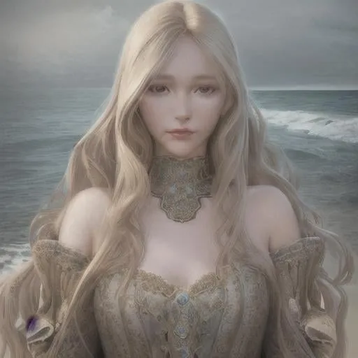 Prompt: Portrait of a maiden with long ethereal blonde hair and with cute face and wine colored lips, a ocean shore scene, perfect composition, hyperrealistic, super detailed, 8k, high quality, trending art, trending on artstation, sharp focus, studio photo, intricate details, highly detailed, wearing a dress