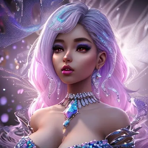 Prompt: gorgeous woman created from diamond, silk, diamonds, gems, sparkling dots, in crystal cave background, style Darek Zabrocki, magic realism, gradient colors, cinematic lighting, bokeh, Ultra-detailed Quality 3D, 3d render octane, Unreal engine, VFX, Isometric, Made in blender, 8k, cinematic, ultrahd, wallpaper <lora:styleJelly_v10:1>, Digital art, glow effects, Hand drawn, render, 8k, octane render, cinema 4d, blender, dark, atmospheric 4k ultra detailed, cinematic sensual, Sharp focus, humorous illustration, big depth of field, Masterpiece, colors, 3d octane render, concept art, trending on artstation, hyperrealistic, Vivid colors, modelshoot style, (extremely detailed CG unity 8k wallpaper), professional majestic oil painting by Ed Blinkey, Atey Ghailan, by Jeremy Mann, Greg Manchess, Antonio Moro, trending on ArtStation, trending on CGSociety, Intricate, High Detail, Sharp focus, dramatic, photorealistic painting art by midjourney and greg rutkowski, 16k, UHD, HDR10,((Masterpiece)), Absurdres
