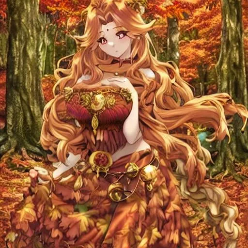 Prompt: dryads autumnal feminine great beauty and very beautiful physical features, just behind her oak surrounded by a thick autumnal forest volume...