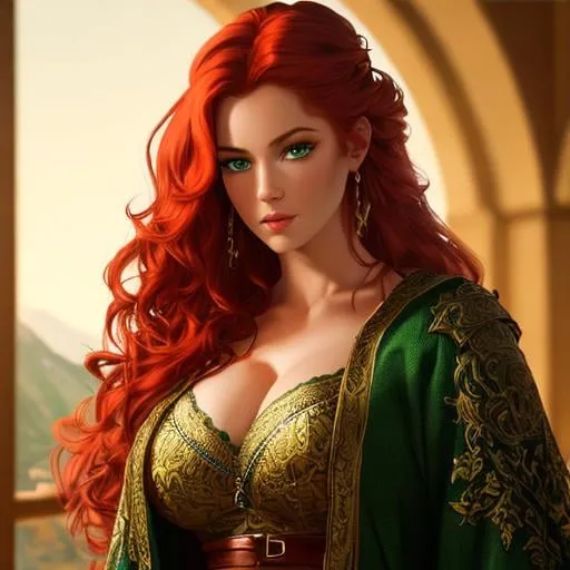 Prompt: Oil painting, Chiaroscuro, landscape, UHD, 8K, highly detailed, panned out view of the character, visible full body, a hyperdetailed Vikings tall girl, hyperdetailed large red hair, masterpiece, hyperdetailed full body, hyperdetailed feminine attractive face and nose, complete body view, ((hyperdetailed green eyes)), perfect body, perfect anatomy, beautifully detailed face, alluring smile, ((scantily clad)), golden scales. She wears a black Nordic chest with gold and silver filigree and some runes, and silver lace stockings with gold fishnet. Underneath she wears a whit robe covered in runes (She is looking through a window of a high tower in an elven kingdom). 