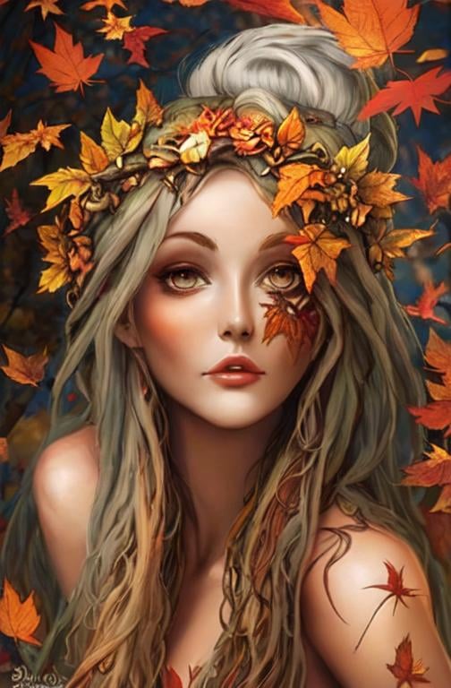 Prompt: dryads autumnal feminine great beauty and very beautiful physical features, 