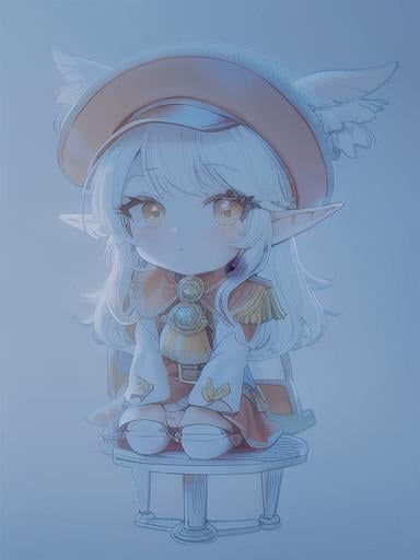 Prompt: chibi elf girl with a tender face, sitting in front of a table, yellow hair, large contrasting eyes between brown and red, wears a red Gavroche Cap with a black visor that has a brooch on the left from which 2 long white feathers come out, the Cap Gavroche, in addition to the brooch, has an embroidery in the center of the front with a 4-leaf clover, his large eyes have anime-style flashes of light, his mouth is open and wobbly watching a delicious fish dish on the table while it drains from him a little drool, she wears a red raincoat with a hood and a light brown or cream scarf, her hands are in fists holding a fork in the left and a knife in the right while she raises her arms ready to eat, she is carrying a brown bag from which A cream-colored wool doll similar to a ball hangs, on the plate on the table is a delicious Japanese baked fish. vibrant colors.