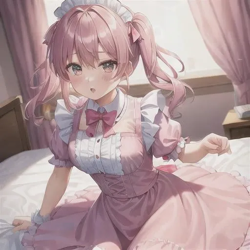 Prompt:  Girl wearing  a pink maid outfit 