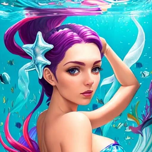 Prompt: una sirena de rostro definido, que se le vea todo el cuerpo y que tenga cola de pez
