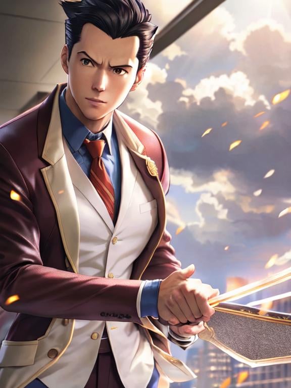 Prompt: phoenix wright, Full-body detailed masterpiece,  high-res, quality upscaled image, perfect composition, highly detailed, intricate details, beautiful, flawless, masterpiece, soft dramatic moody lighting, ultra high quality octane, hypermaximalist.