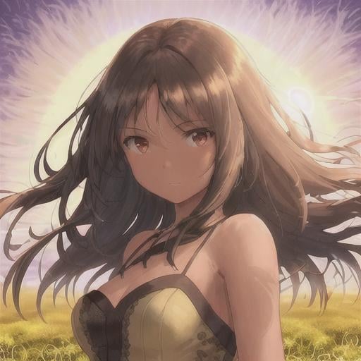 Prompt: A super detailed and clear portrait of a sun kissed girl with dark brown hair dancing in a sun lit field of heather surrounded by floating dandelions