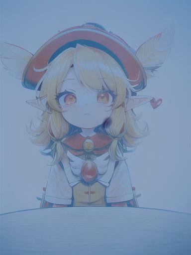 Prompt: chibi elf girl with a tender face, sitting in front of a table, yellow hair, large contrasting eyes between brown and red, wears a red Gavroche Cap with a black visor that has a brooch on the left from which 2 long white feathers come out, the Cap Gavroche, in addition to the brooch, has an embroidery in the center of the front with a 4-leaf clover, his large eyes have anime-style flashes of light, his mouth is open and wobbly watching a delicious fish dish on the table while it drains from him a little drool, she wears a red raincoat with a hood and a light brown or cream scarf, her hands are in fists holding a fork in the left and a knife in the right while she raises her arms ready to eat, she is carrying a brown bag from which A cream-colored wool doll similar to a ball hangs, on the plate on the table is a delicious Japanese baked fish. vibrant colors.