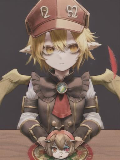 Prompt: chibi klee  elf girl with a tender face, sitting in front of a table, yellow hair, large contrasting eyes between brown and red, wears a red Gavroche Cap with a black visor that has a brooch on the left from which 2 long white feathers come out, the Cap Gavroche, in addition to the brooch, has an embroidery in the center of the front with a 4-leaf clover, his large eyes have anime-style flashes of light, his mouth is open and wobbly watching a delicious fish dish on the table while it drains from him a little drool, she wears a red raincoat with a hood and a light brown or cream scarf, her hands are in fists holding a fork in the left and a knife in the right while she raises her arms ready to eat, she is carrying a brown bag from which A cream-colored wool doll similar to a ball hangs, on the plate on the table is a delicious Japanese baked fish.