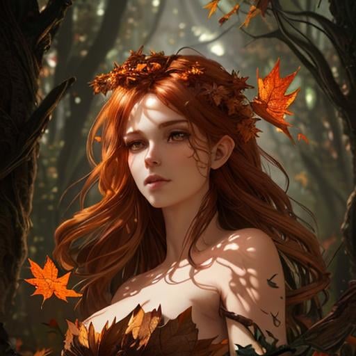 Prompt: dryads autumnal feminine great beauty and very beautiful physical features, just behind her oak surrounded by a thick autumnal forest volumetric soft lighting warm colors 8k resolution by Greg Rutkowski, Artgerm, Alphonse Mucha dynamic lighting hyperdetailed intricately detailed Splash art trending on Artstation Unreal Engine 5 volumetric lighting