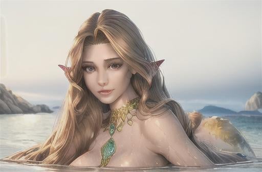 Prompt: realistic portrait of a mermaid half woman half fish tail longer than the torso, frolicking sitting on the rocks above the water, wet hair, perfect proportion,  Defined face, perfect eyes, beautiful face, well detailed and defined, defined, sensual lips with a beautiful smile, hair with a brown color gradient to gold balayage, 