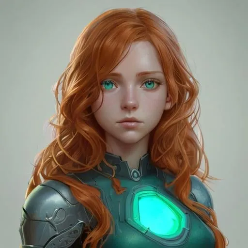 Prompt: Detailed character portrait, highly detailed, cinematic lighting, digital painting, concept art, sharp focus, full character view, illustration, very detailed, detailed face, female human, light ginger hair, green eyes, normal human, light curly hair. Light blue crop top, 13 years old, long hair.