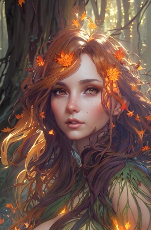 Prompt: dryads autumnal feminine great beauty and very beautiful physical features, just behind her oak surrounded by a thick autumnal forest volumetric soft lighting warm colors 8k resolution by Greg Rutkowski, Artgerm, Alphonse Mucha dynamic lighting hyperdetailed intricately detailed Splash art trending on Artstation Unreal Engine 5 volumetric lighting