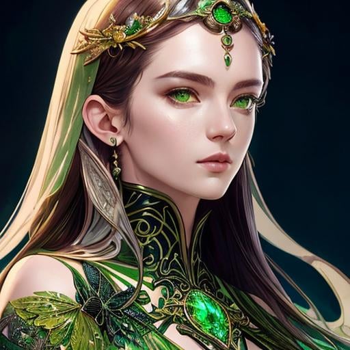 Prompt: Detailed eyes flawless eyes Gorgeous chartreuse greenest hair natural lime flair goddess, intricate, dramatic full body pose, magnificent, masterpiece, by minjae lee, by James jean, by WLOP, mucha, Waterhouse, by eve ventrue, by anna dittmann, by Alessio Albi, dynamic lighting, green, emeralds