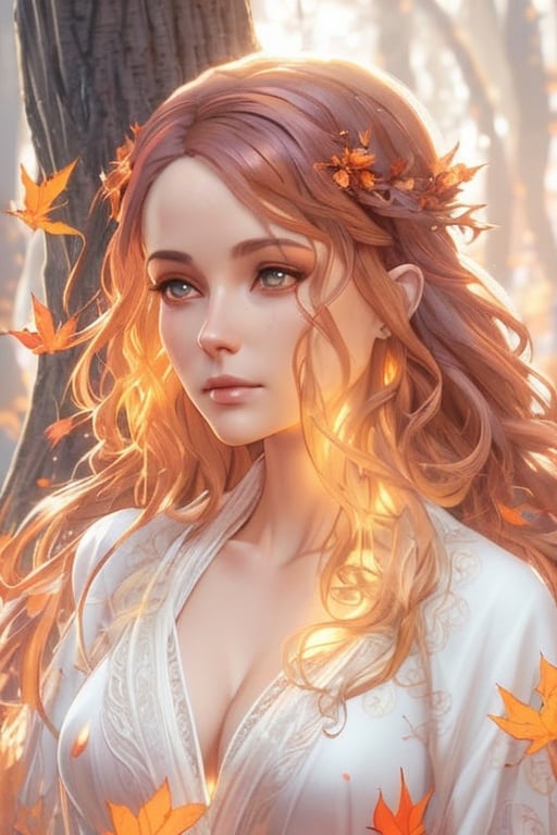 Prompt: dryads autumnal feminine great beauty and very beautiful physical features, just behind her oak surrounded by a thick autumnal forest volumetric soft lighting warm colors 8k resolution by Greg Rutkowski, Artgerm, Alphonse Mucha dynamic lighting hyperdetailed intricately detailed Splash art trending on Artstation Unreal Engine 5 volumetric lighting