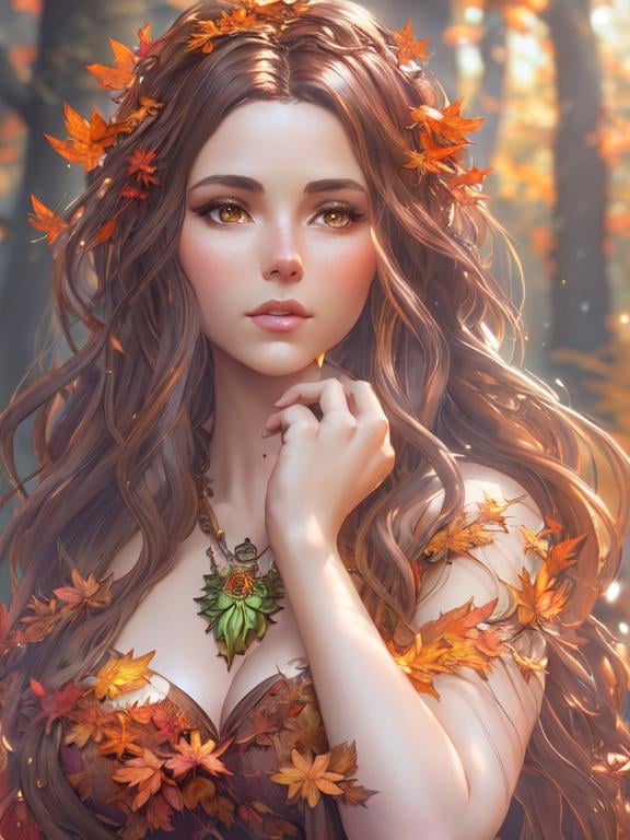 Prompt: dryads autumnal feminine great beauty and very beautiful physical features, just behind her oak surrounded by a thick autumnal forest volumetric soft lighting warm colors 8k resolution by Greg Rutkowski, Artgerm, Alphonse Mucha dynamic lighting hyperdetailed intricately detailed Splash art trending on Artstation Unreal Engine 5 volumetric lighting